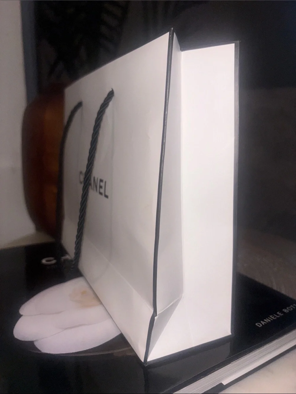 CHANEL White and Black Logo Forever Classic Shopping Bag with Rope Handles